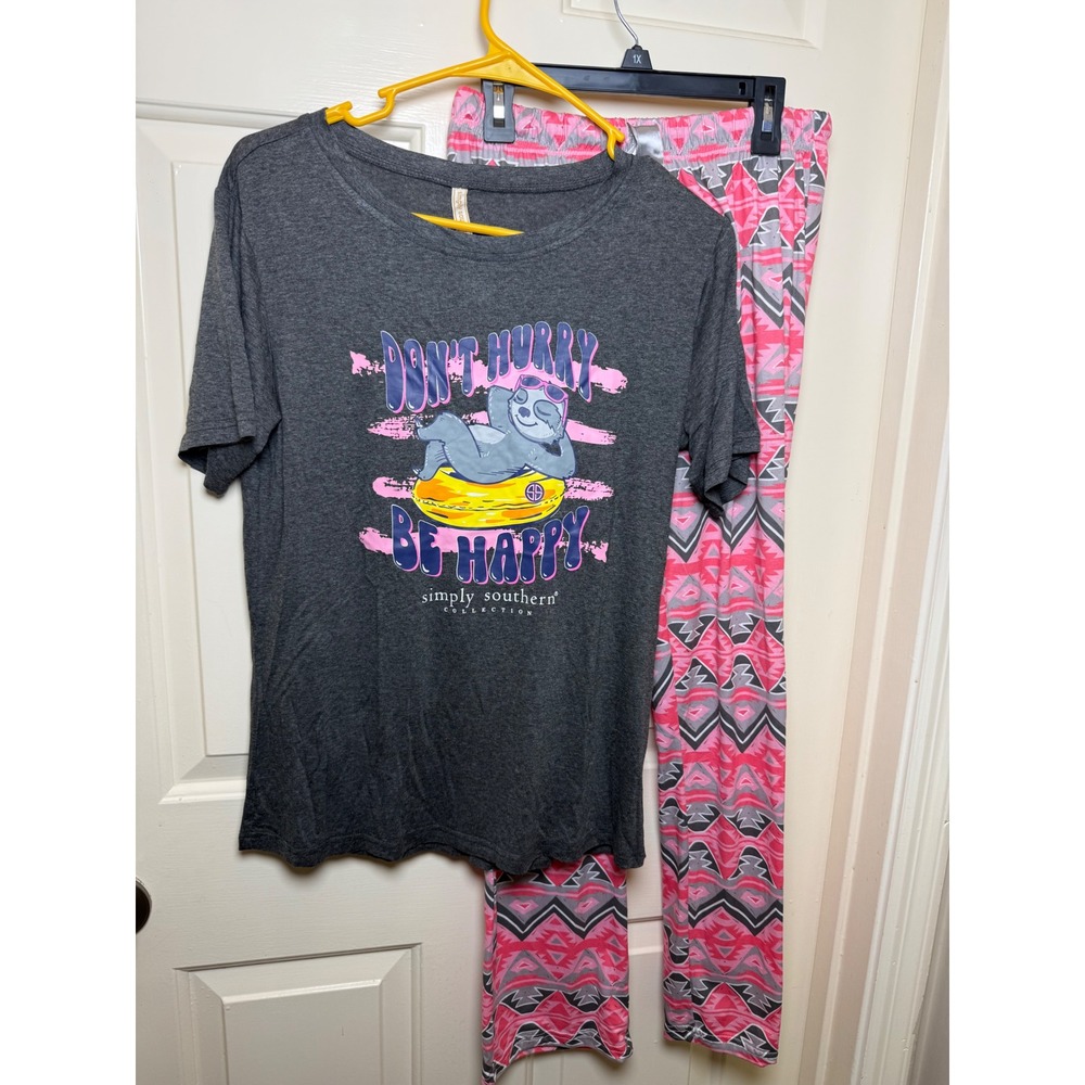 Simply Southern Pajama Set Small Don't Hurry Be Happy Sloth Tee & Pink Pants